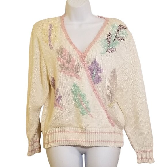 Ginenne Womens Vintage Sweater Size M Embellished Leaves Pullover Pastel - Picture 2 of 13